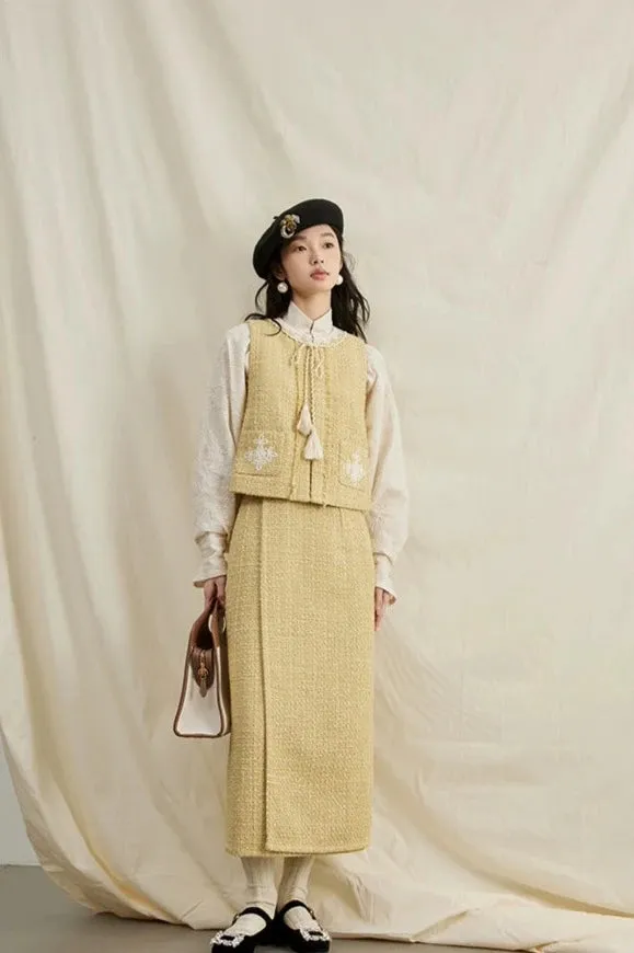 Lemon Croissant 柠檬可颂 Modernized Song Ming Wrap Skirt & Yuanling Bijia Vest Set