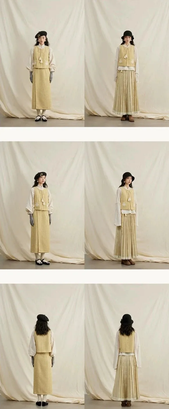 Lemon Croissant 柠檬可颂 Modernized Song Ming Wrap Skirt & Yuanling Bijia Vest Set