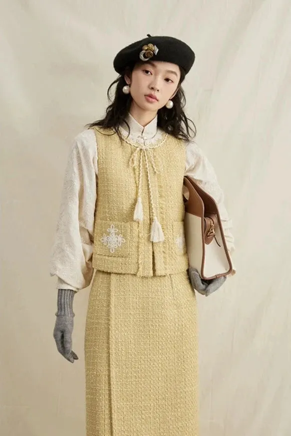 Lemon Croissant 柠檬可颂 Modernized Song Ming Wrap Skirt & Yuanling Bijia Vest Set