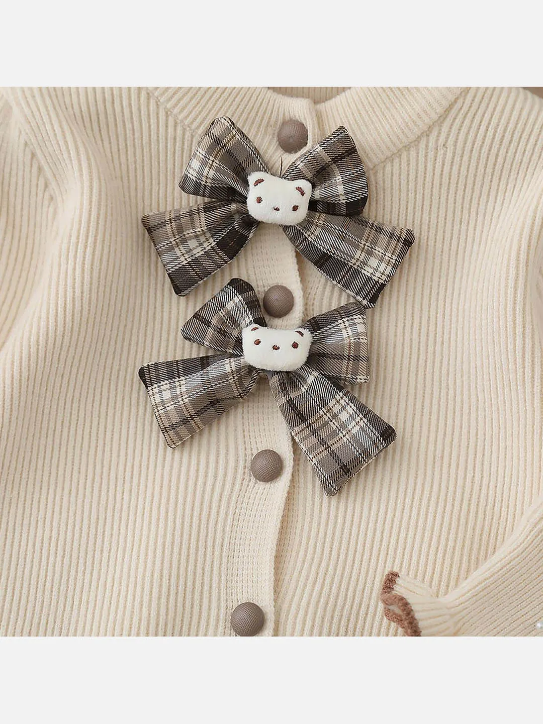 Little Surprise Box 2pcs Cream checks cardigan/Skirt Winterwear set for Girls with Teddy Clips