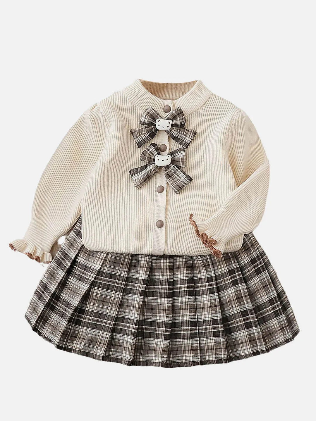 Little Surprise Box 2pcs Cream checks cardigan/Skirt Winterwear set for Girls with Teddy Clips