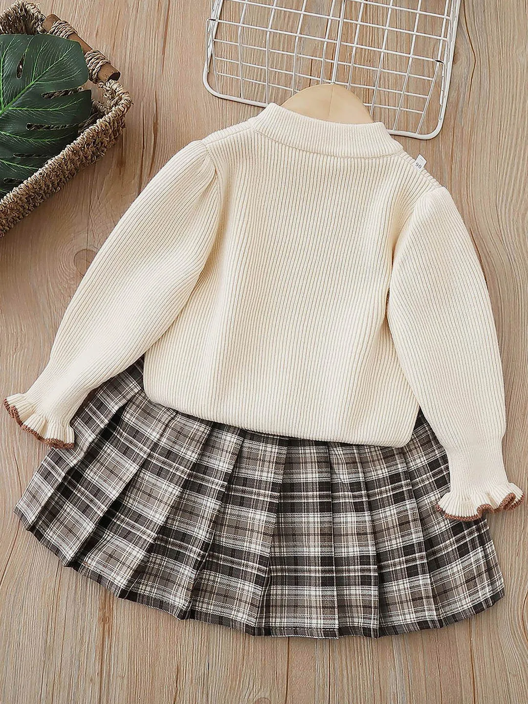 Little Surprise Box 2pcs Cream checks cardigan/Skirt Winterwear set for Girls with Teddy Clips