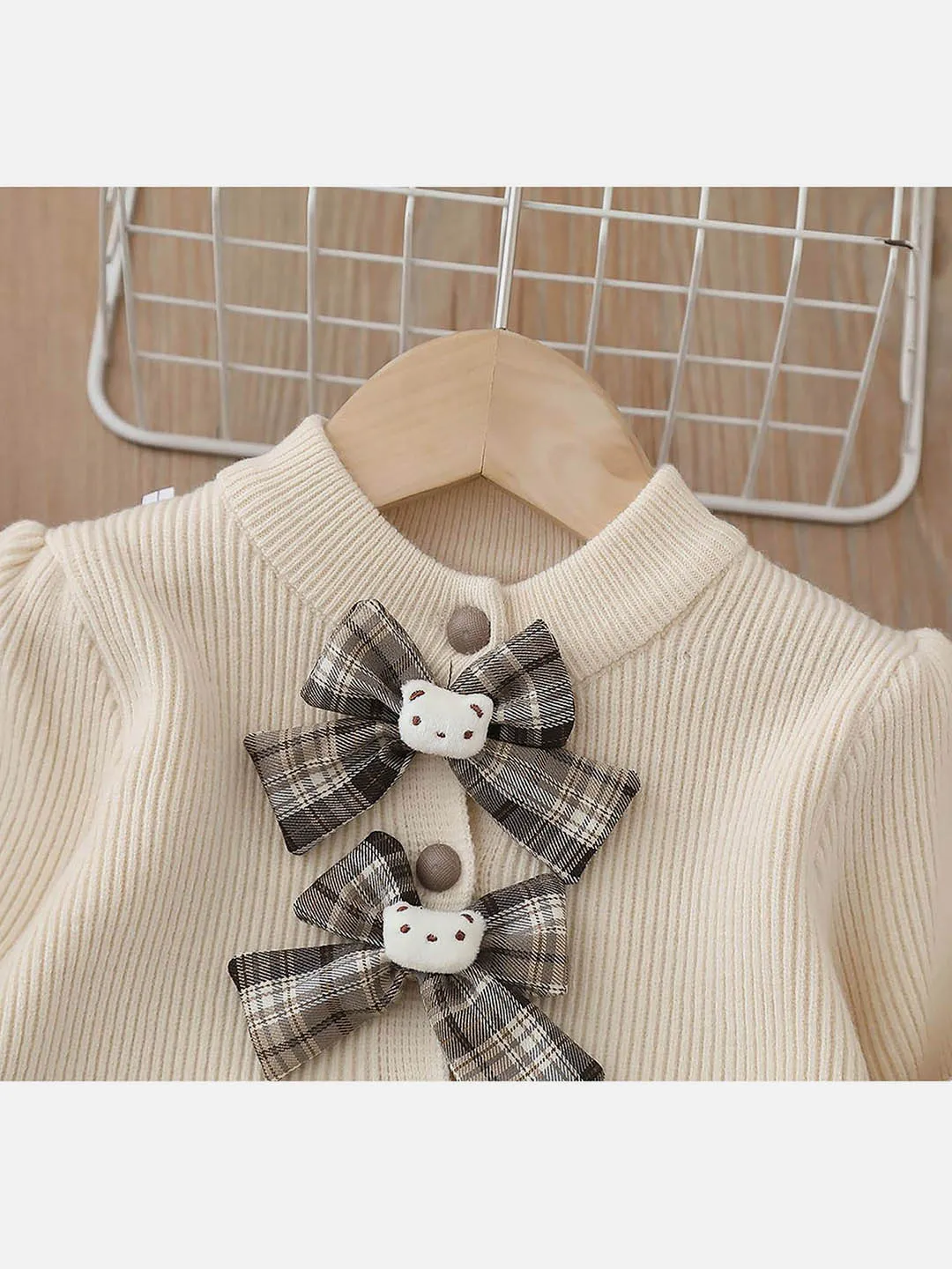 Little Surprise Box 2pcs Cream checks cardigan/Skirt Winterwear set for Girls with Teddy Clips