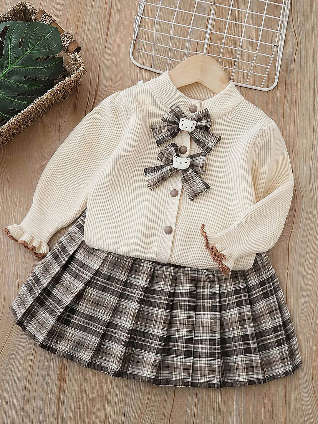 Little Surprise Box 2pcs Cream checks cardigan/Skirt Winterwear set for Girls with Teddy Clips