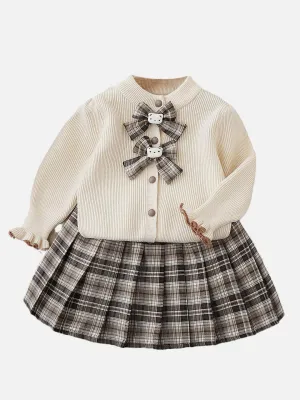 Little Surprise Box 2pcs Cream checks cardigan/Skirt Winterwear set for Girls with Teddy Clips