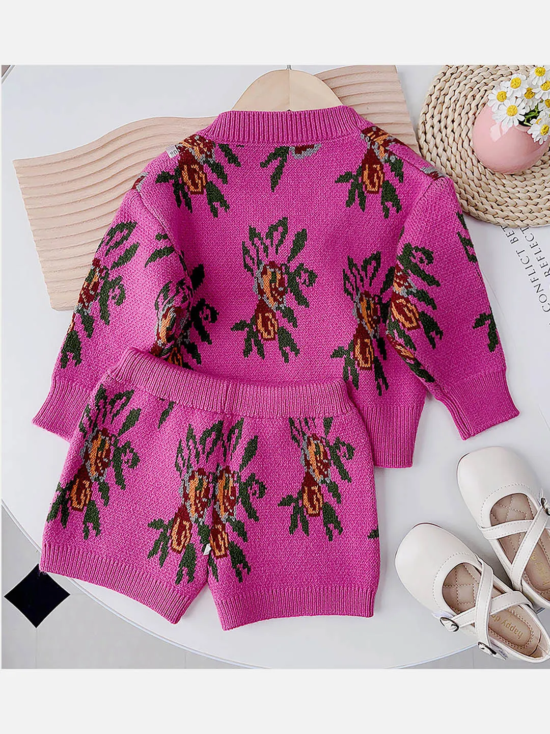 Little Surprise Box 2pcs Magenta Flower Bunch Knitted Cardigan and shorts Winterwear set for girls