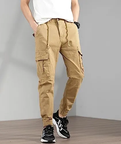 L'MONTE Imported Expandable Elastic Waist Slim Fit Casual Outwear Joggers Track Pant for Men Cotton Cargo (36, Khaki)