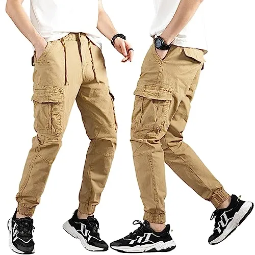 L'MONTE Imported Expandable Elastic Waist Slim Fit Casual Outwear Joggers Track Pant for Men Cotton Cargo (36, Khaki)