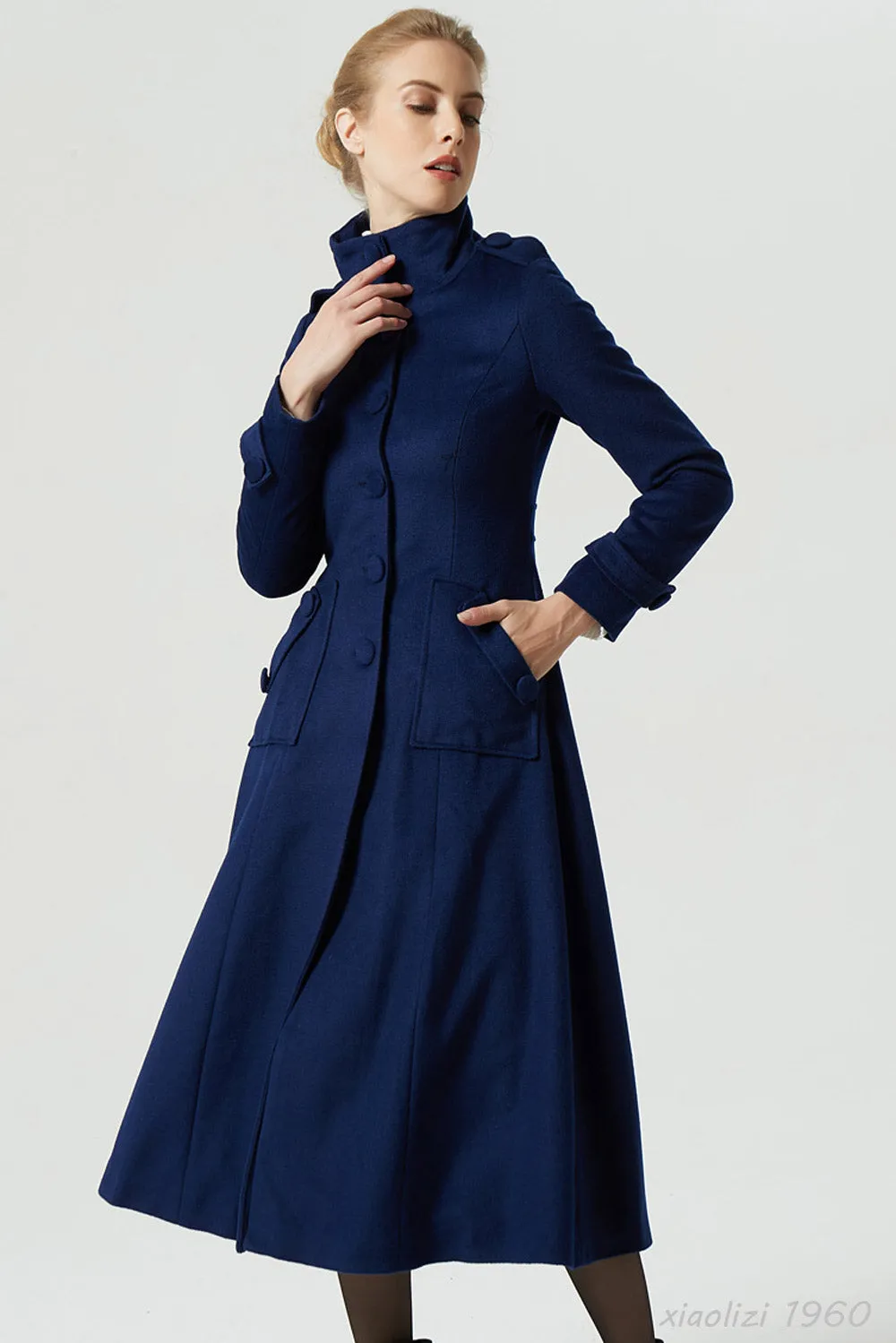 long military blue wool coat with pockets 1960#