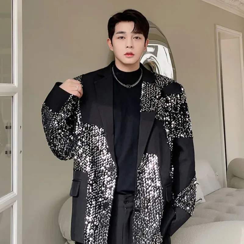 Luxury Sequins Decoration Suit Coat New Turndown Necklong Sleeve Men's Personality Design Korean Loose Fashion 9A1927