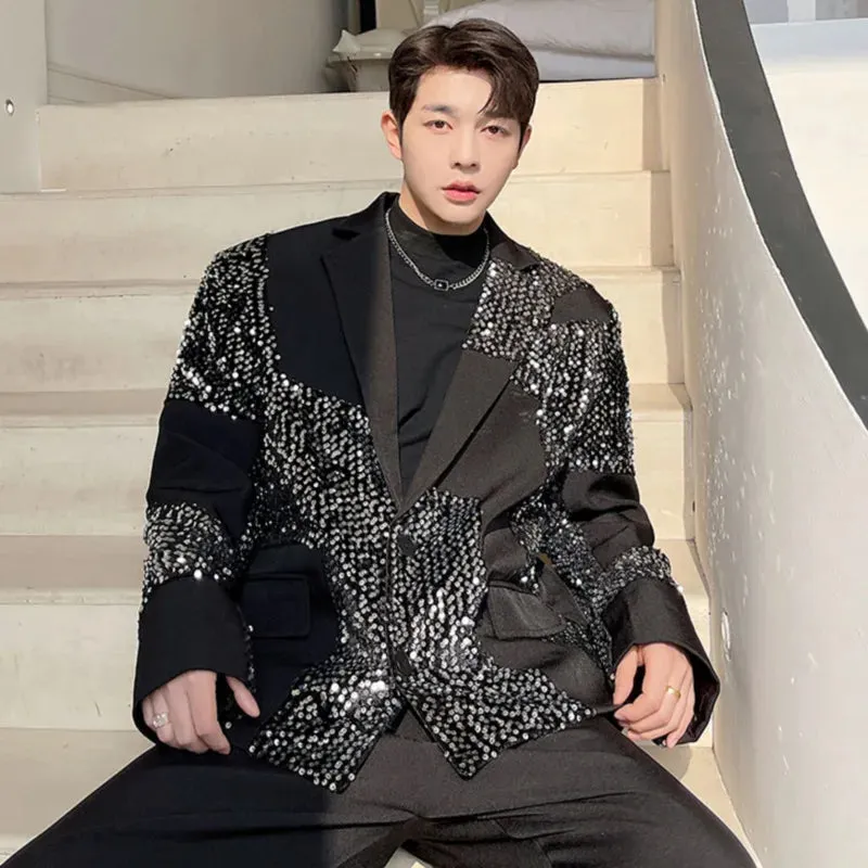 Luxury Sequins Decoration Suit Coat New Turndown Necklong Sleeve Men's Personality Design Korean Loose Fashion 9A1927