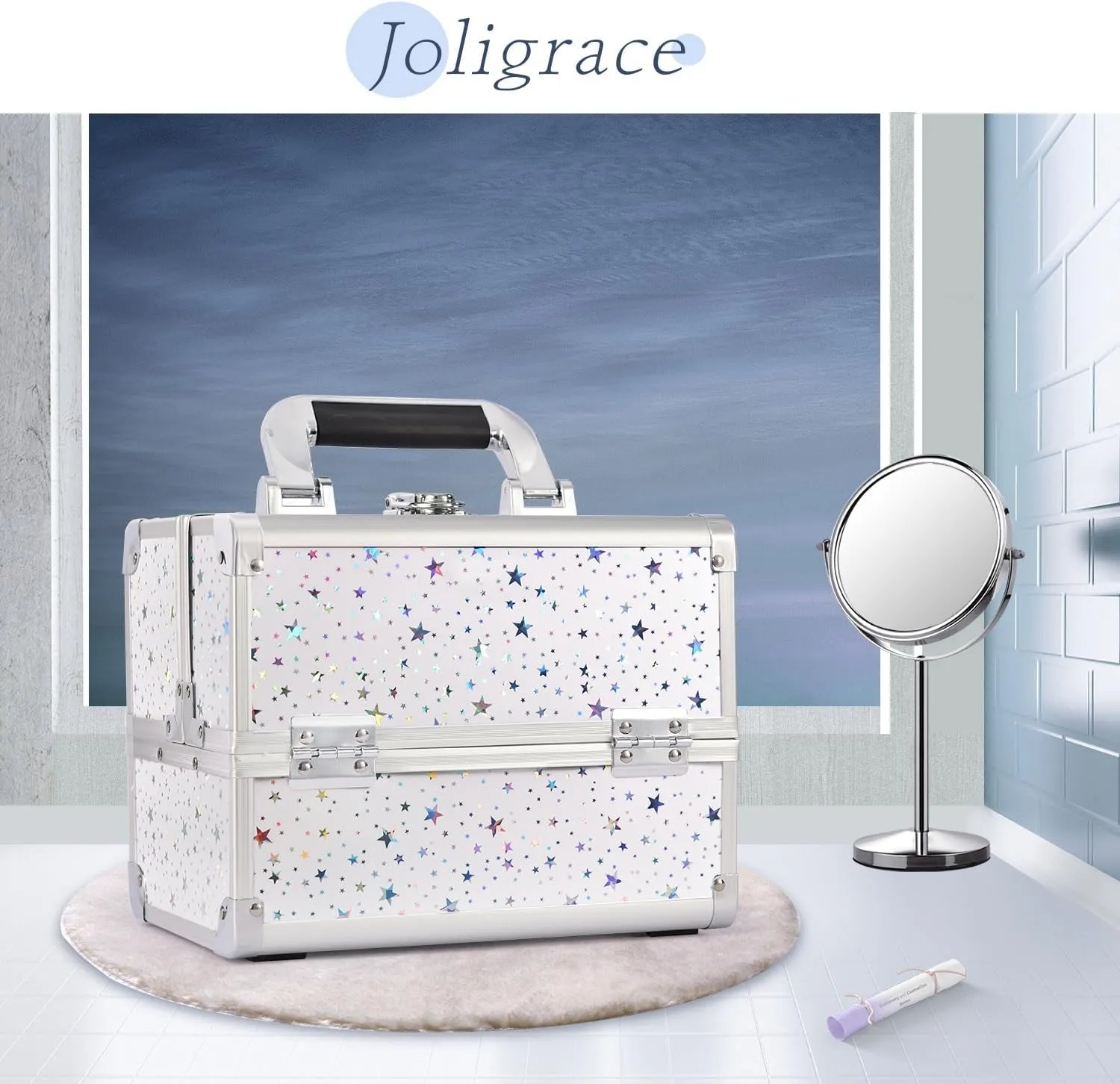 Makeup Box Vanity Case Cosmetic Organiser Box Beauty Storage Train Case with Mirror, Lockable with Keys, White Holographic Star