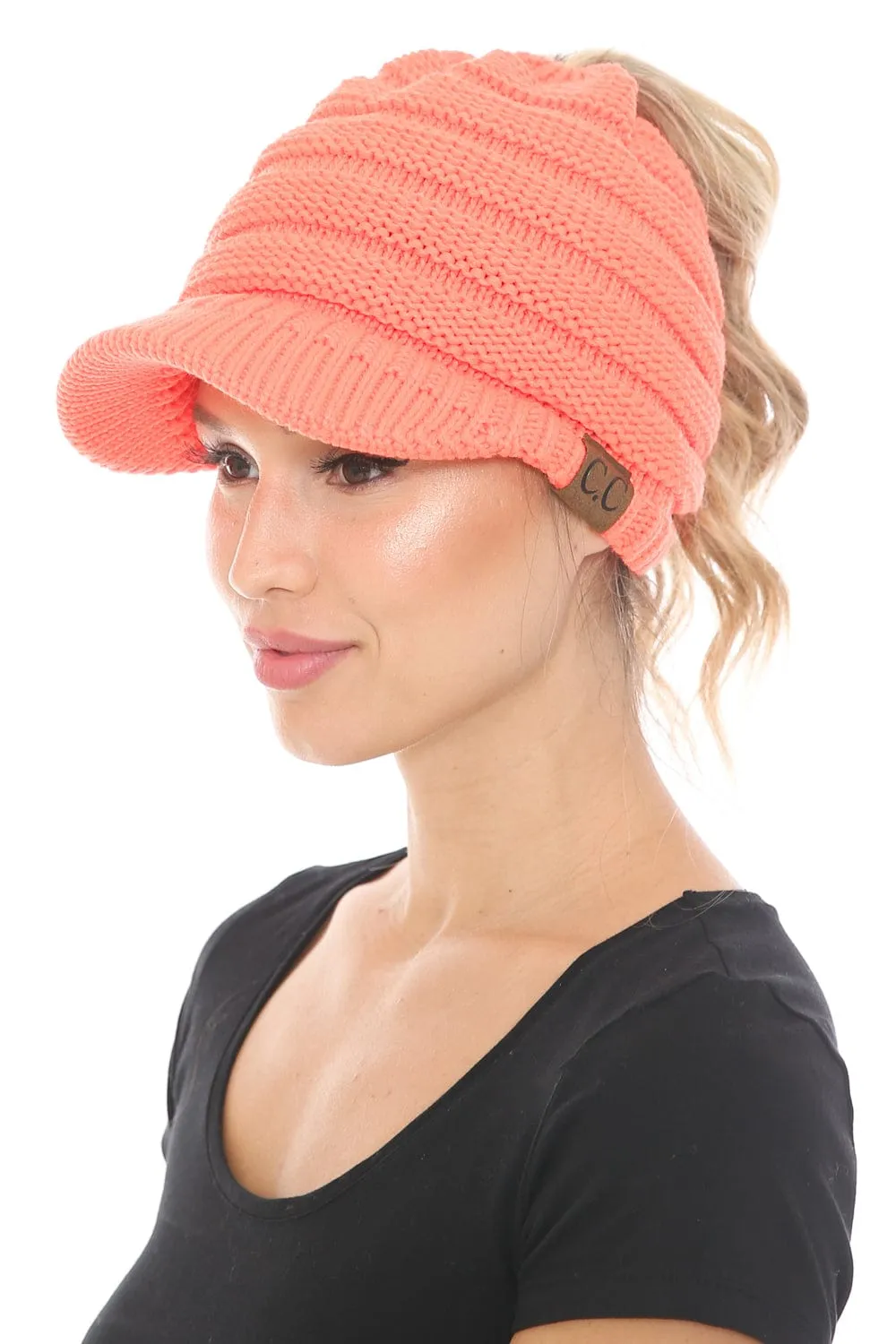 MB 131 - C.C Messy Bun Ponytail Visor Brim Beanie Hat