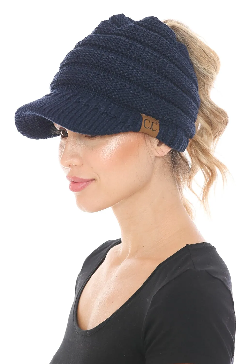 MB 131 - C.C Messy Bun Ponytail Visor Brim Beanie Hat