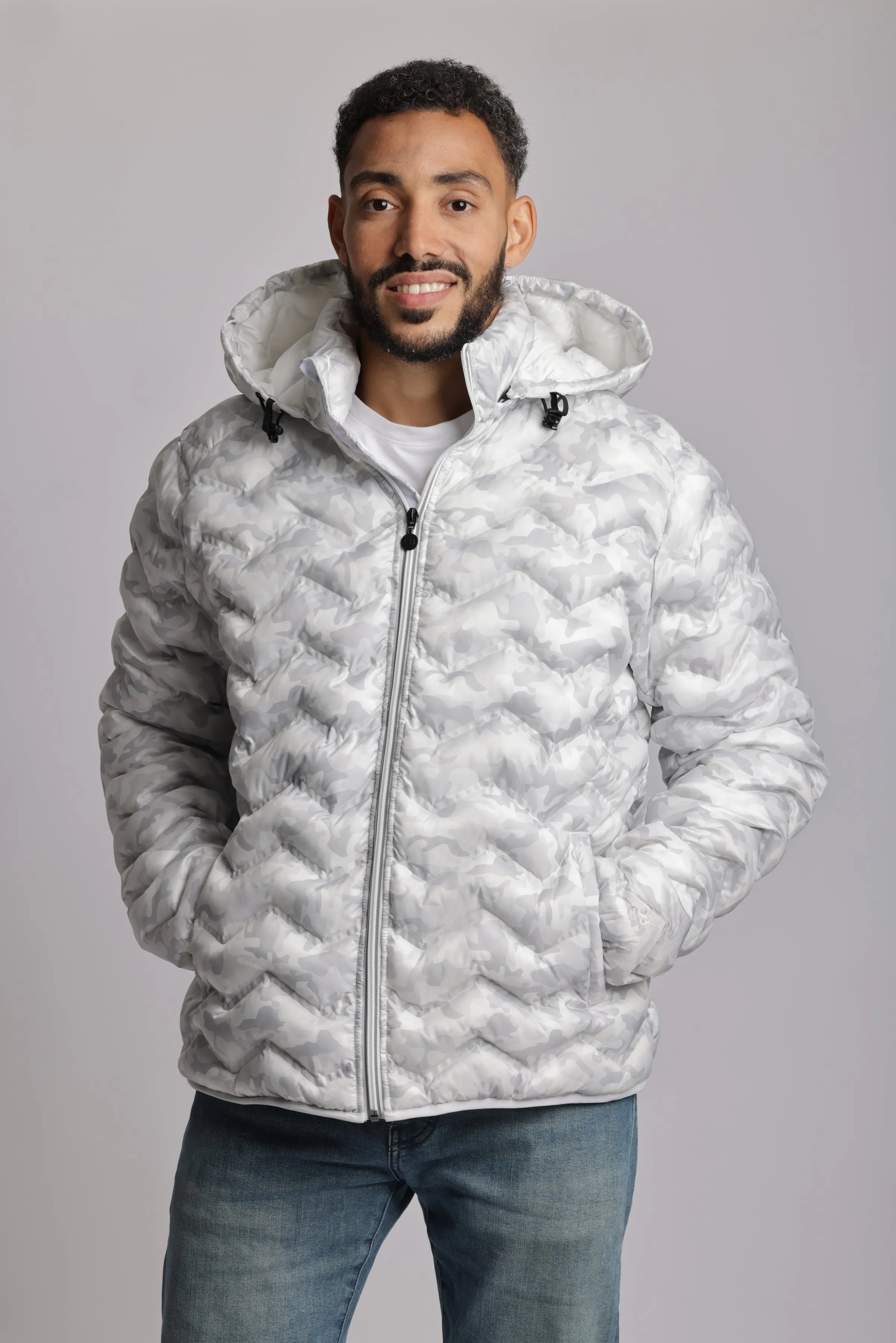 Men's packable puffer jacket in white camo