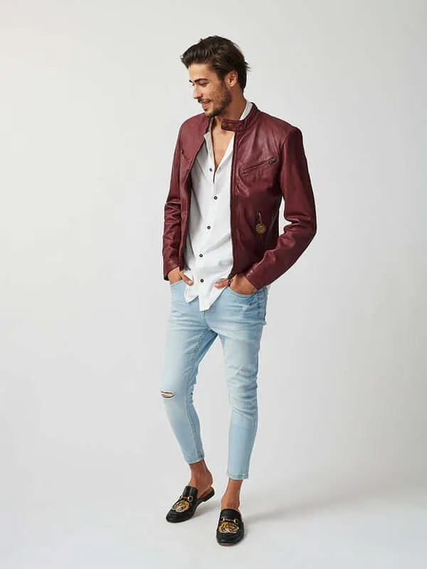 Mens Tokyo Motorbike Burgundy Leather Jacket