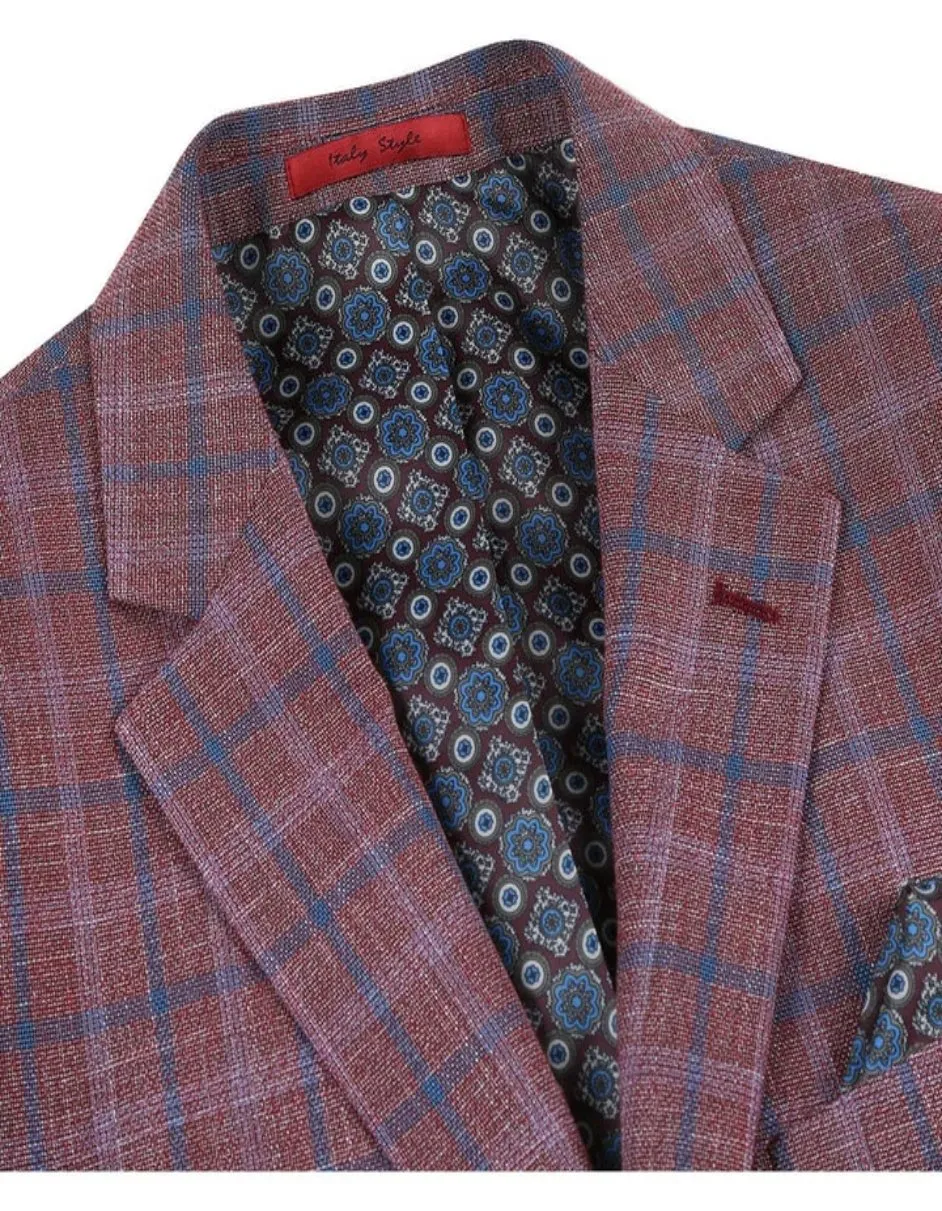 Mens Two Button Classic Fit Sport Coat Burgundy Red Windowpane Plaid Blazer