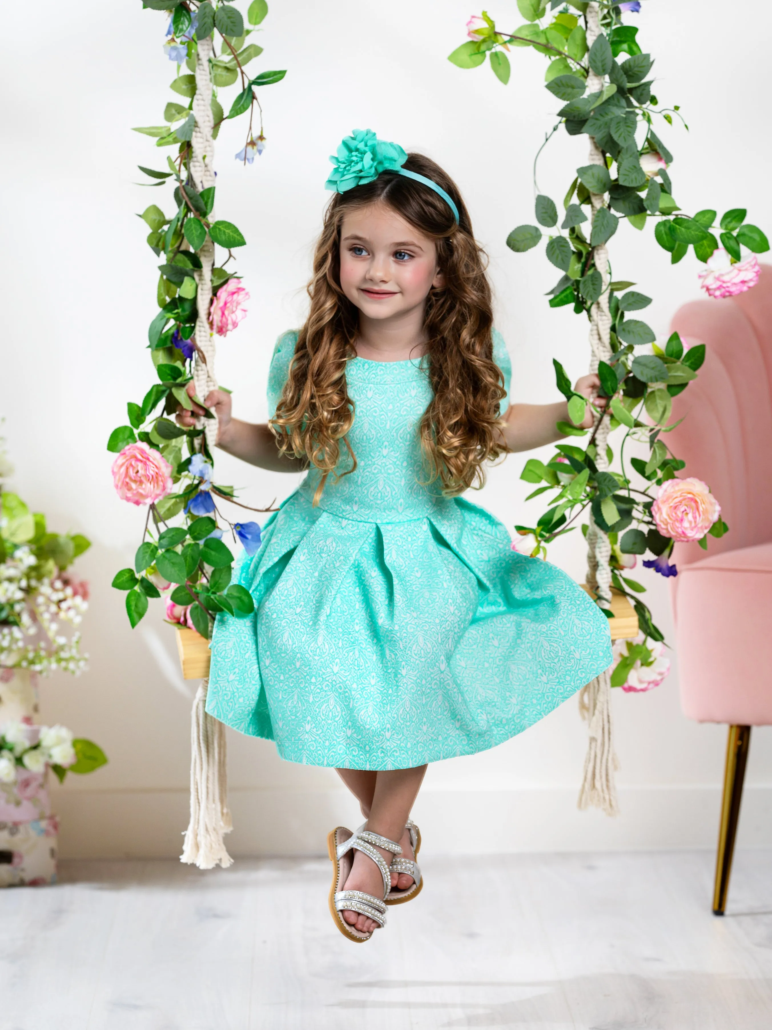 Mint Jacquard Pleated Dress by Kids Couture