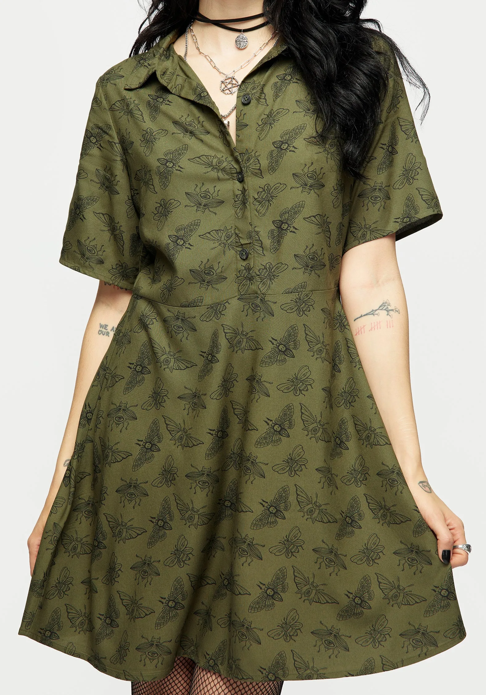 Mortmoth Print Mini Shirt Dress - Green