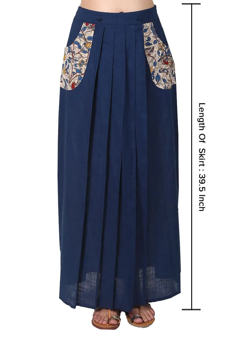 Navy Blue Pure Cotton Stitched Saree With Detachable Kalamkari Pallu