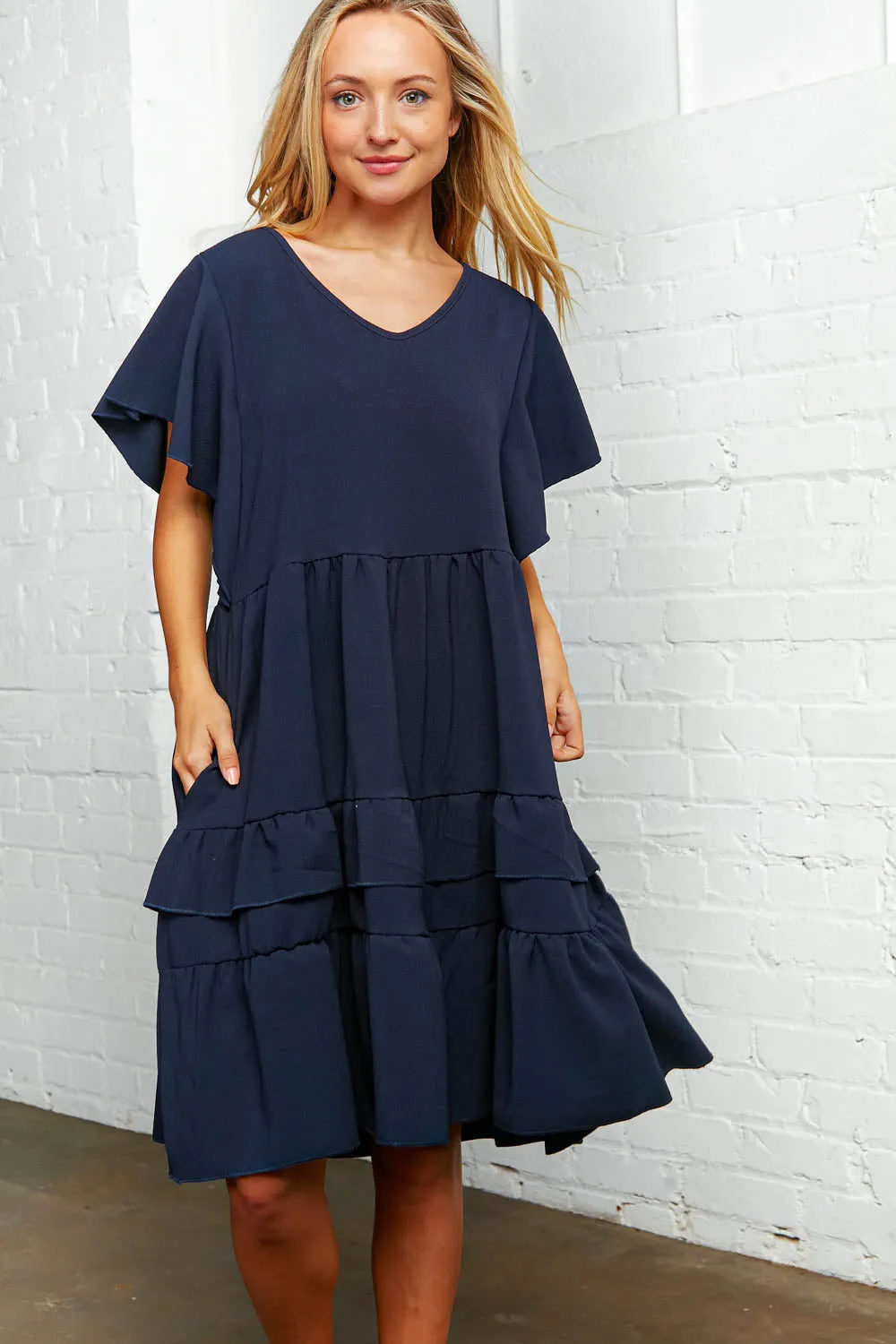 Navy Crepe V Neck Multi Tiered Woven Dress (dropship)