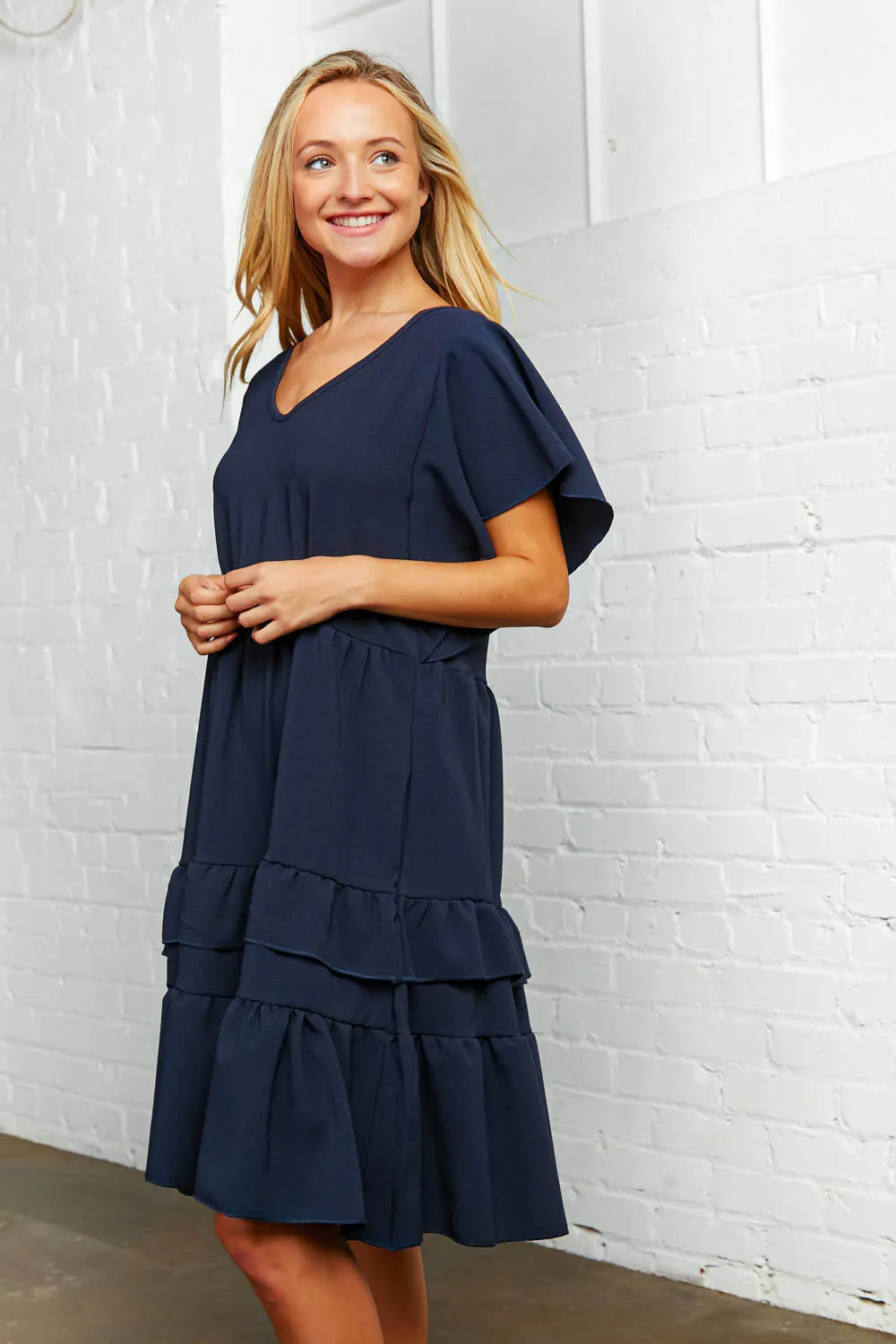 Navy Crepe V Neck Multi Tiered Woven Dress (dropship)