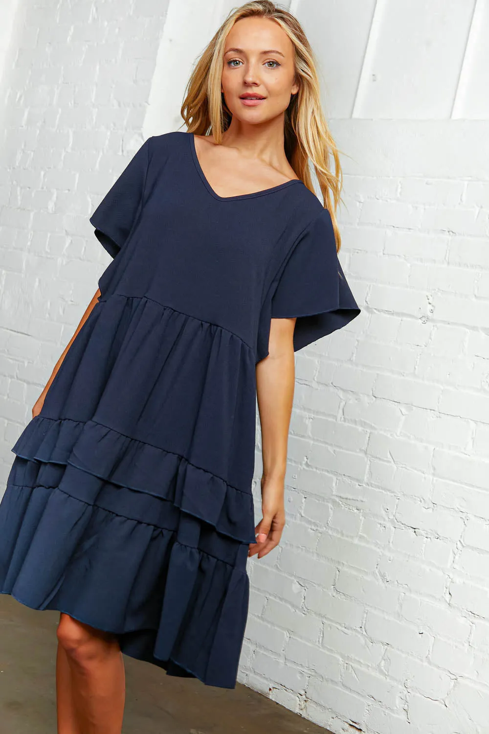 Navy Crepe V Neck Multi Tiered Woven Dress (dropship)