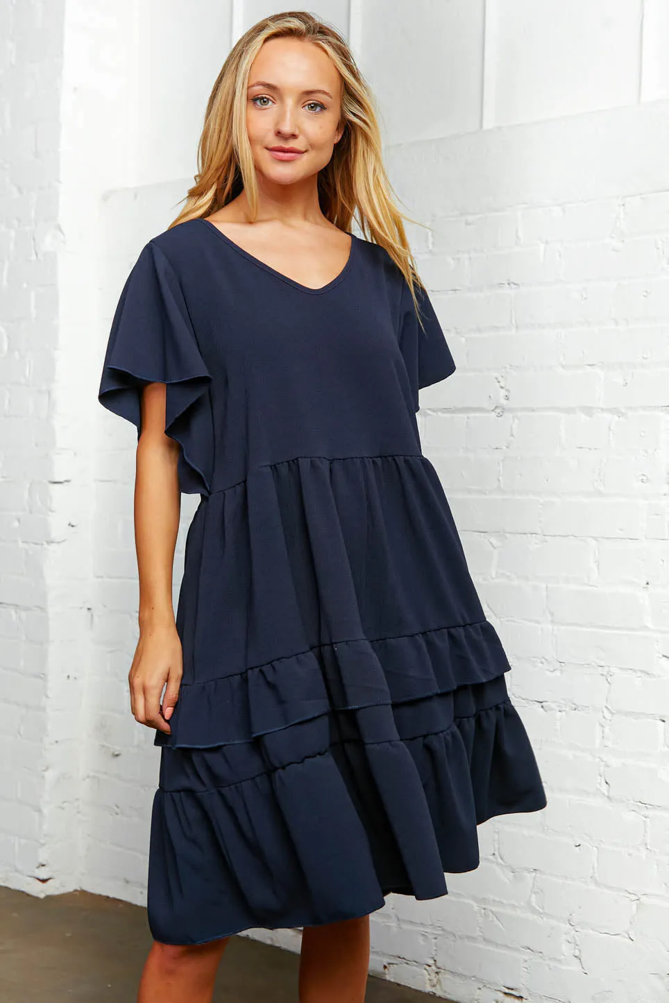 Navy Crepe V Neck Multi Tiered Woven Dress (dropship)