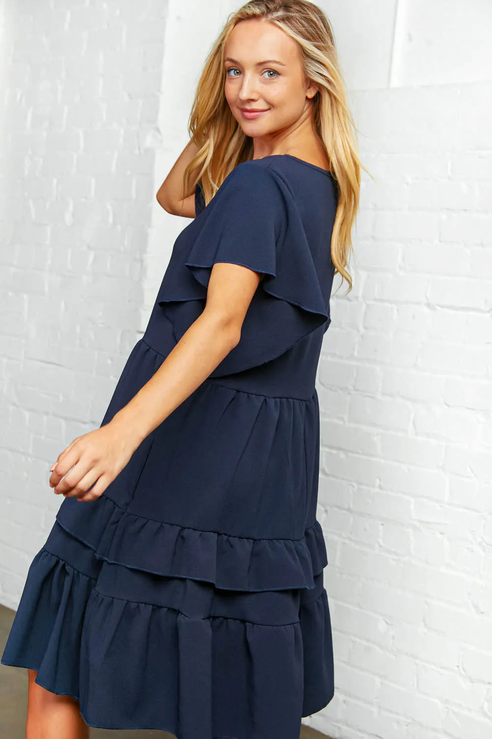 Navy Crepe V Neck Multi Tiered Woven Dress (dropship)