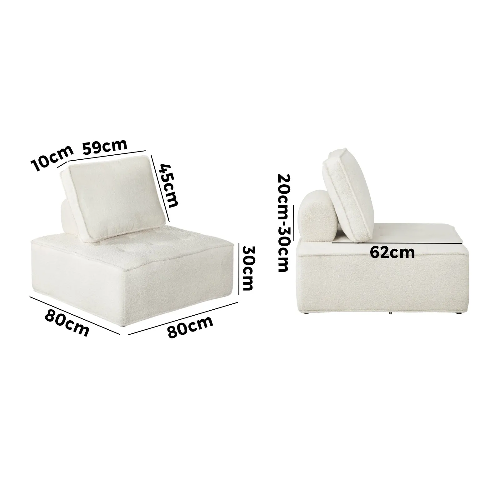 Oikiture 2PCS Modular Sofa Lounge Chair Armless Adjustable Back Sherpa White