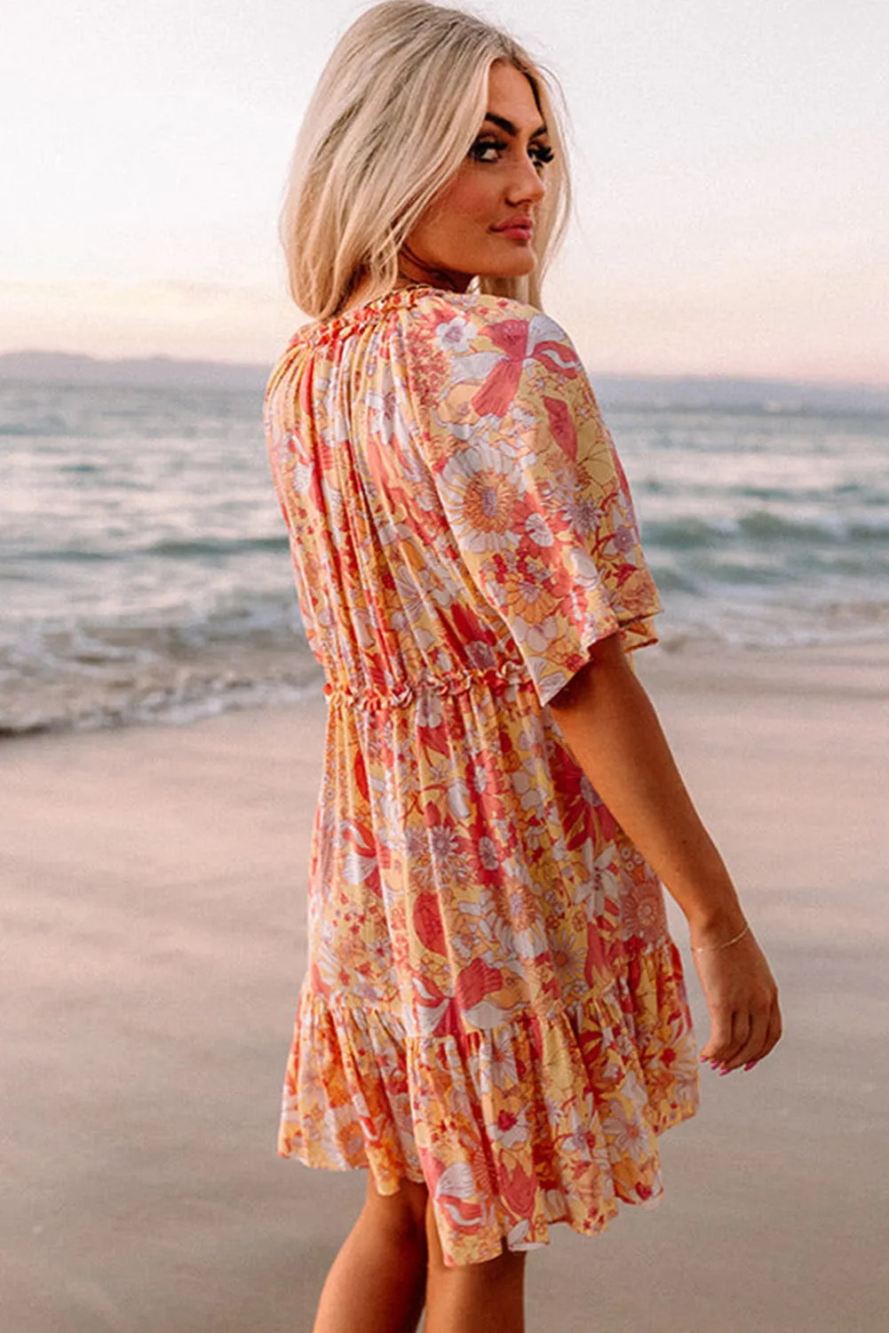 Orange Wide Flutter Sleeve V Neck Floral Dress