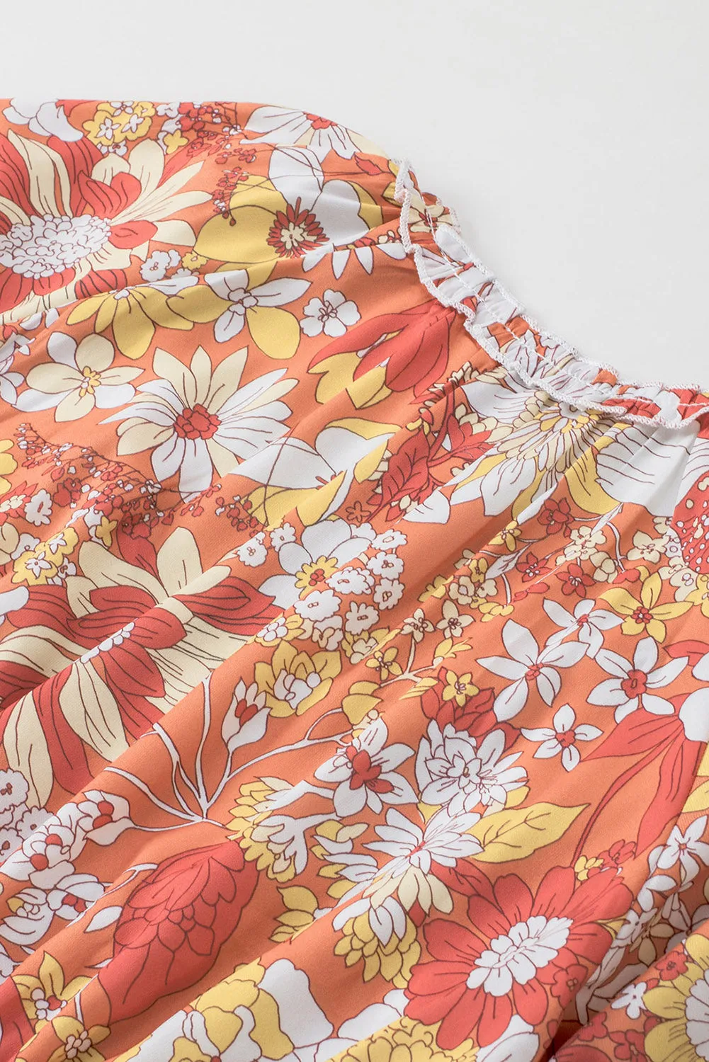 Orange Wide Flutter Sleeve V Neck Floral Dress