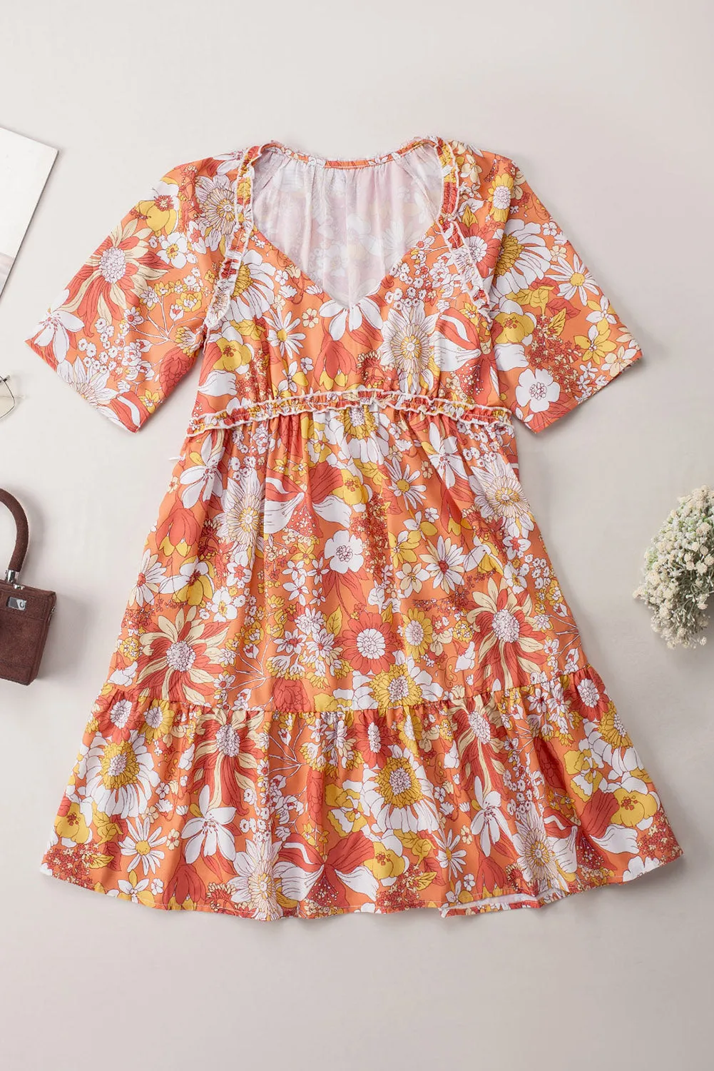 Orange Wide Flutter Sleeve V Neck Floral Dress