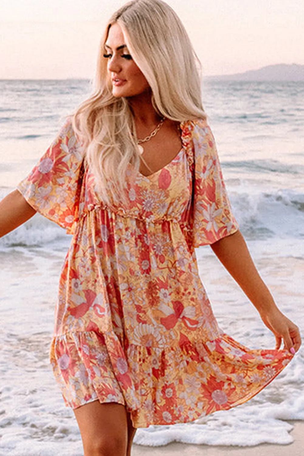 Orange Wide Flutter Sleeve V Neck Floral Dress