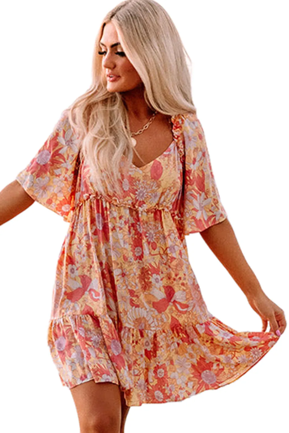 Orange Wide Flutter Sleeve V Neck Floral Dress