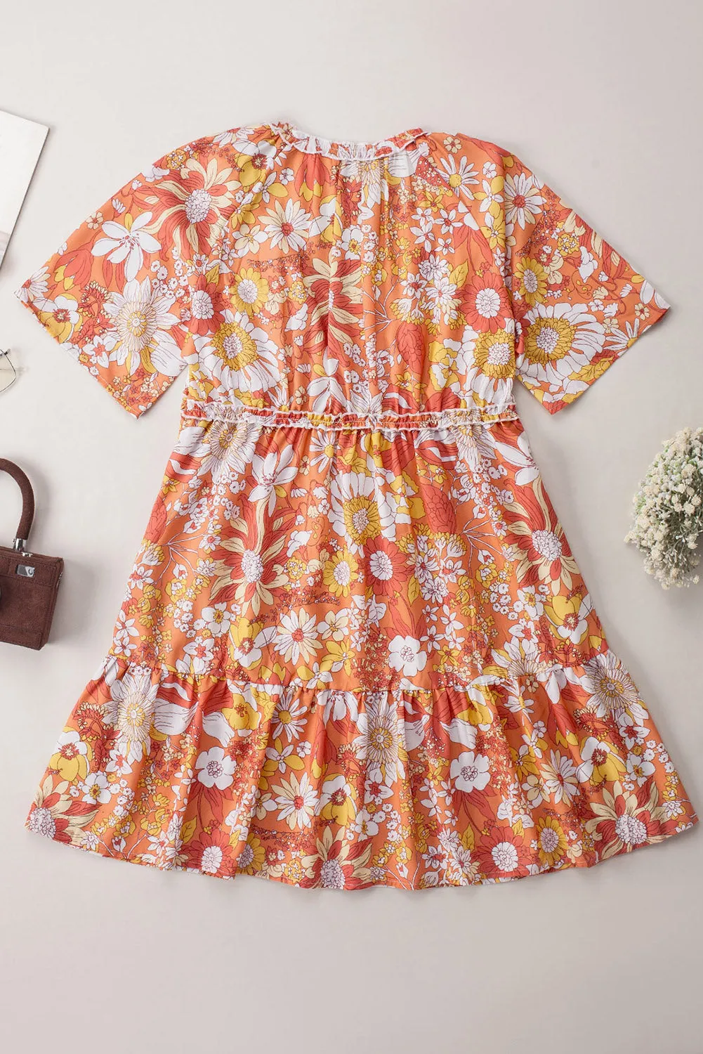 Orange Wide Flutter Sleeve V Neck Floral Dress