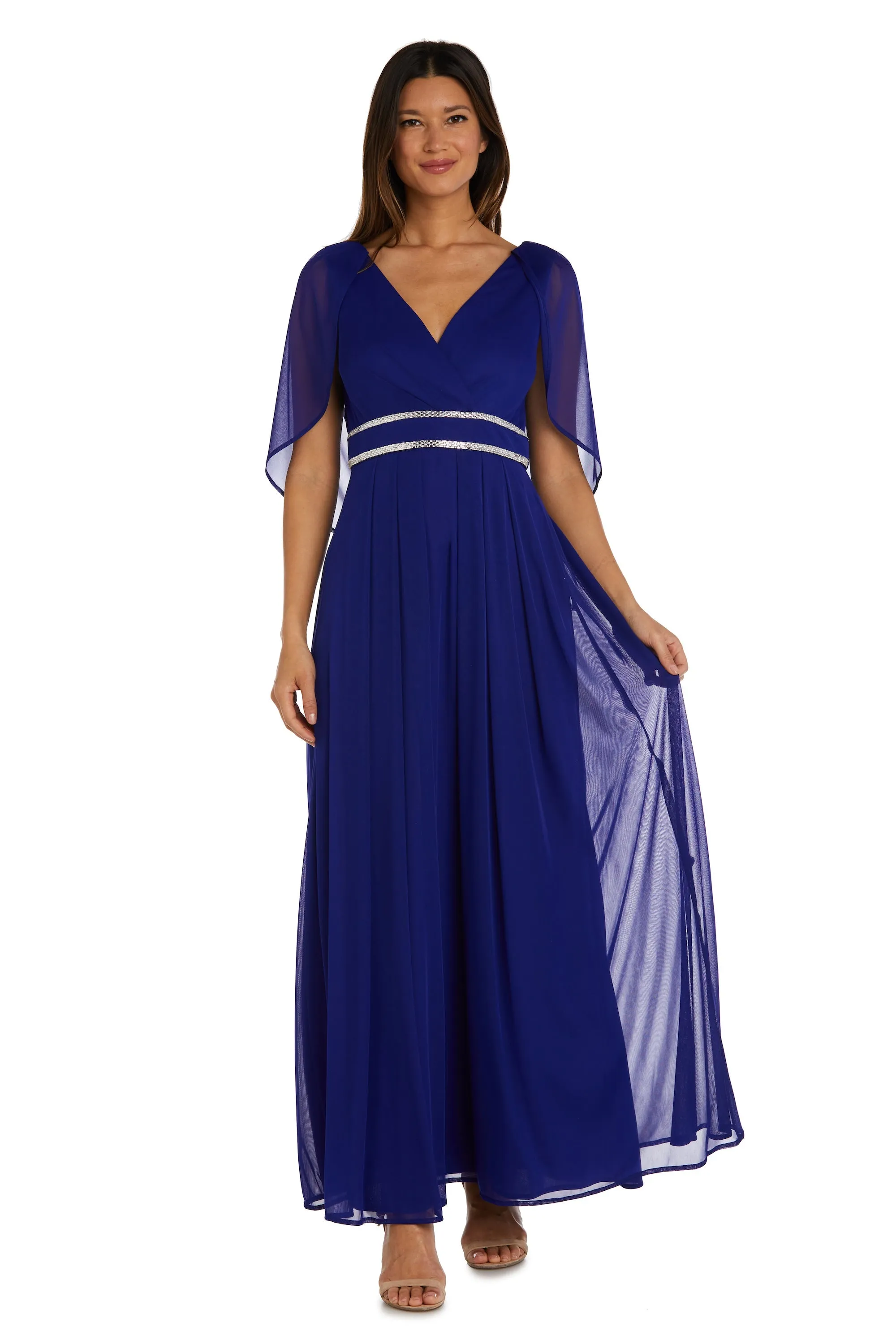 Petite Women's Pleated Skirt Dress with Chiffon Draped Sleeves