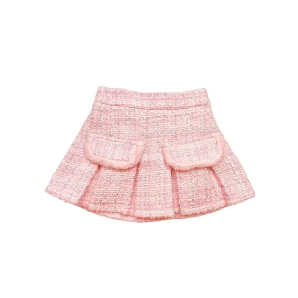 Pink Fur Trim Pleat Tweed Skirt