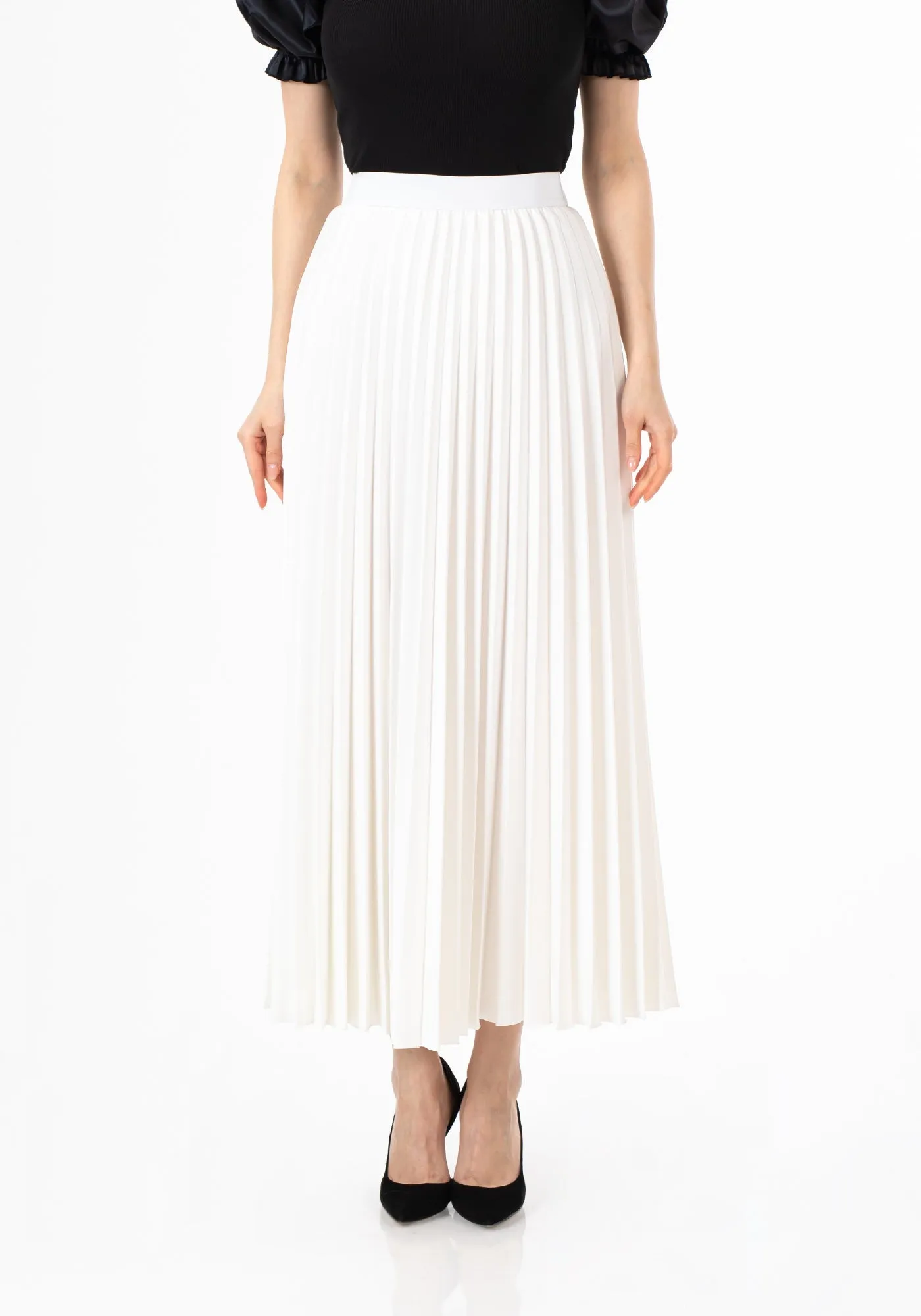 Pleated Ankle Length Skirt - Maxi Skirt Elastic Waist Band