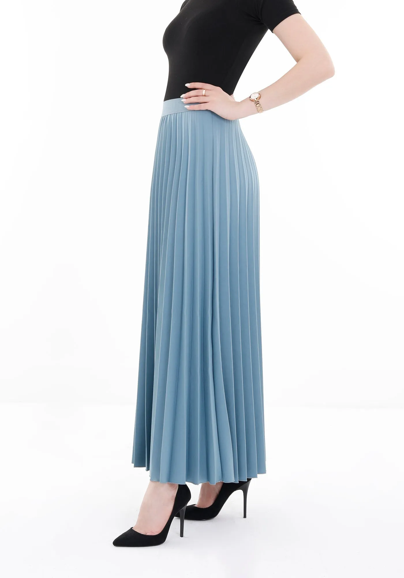 Pleated Ankle Length Skirt - Maxi Skirt Elastic Waist Band