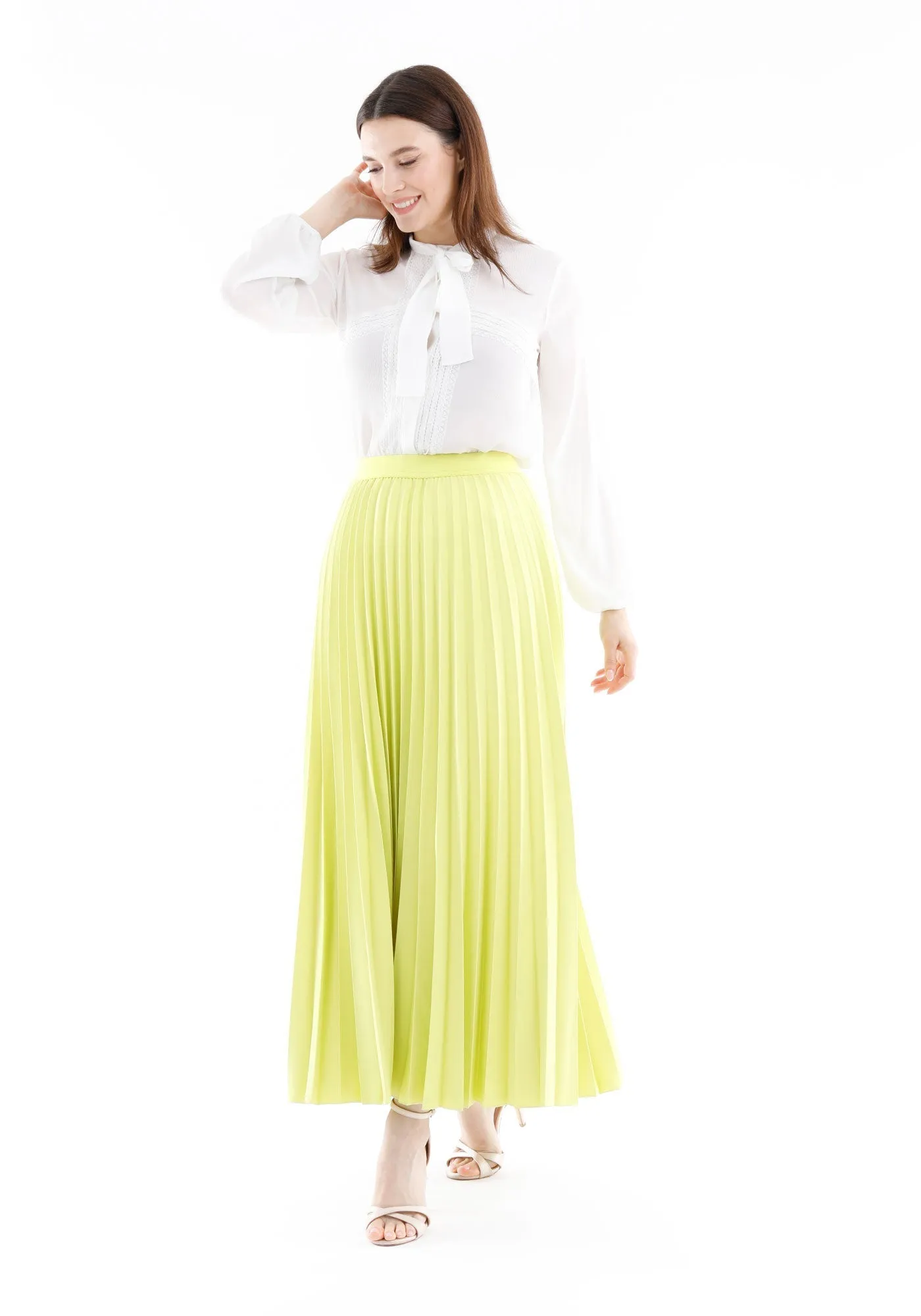 Pleated Ankle Length Skirt - Maxi Skirt Elastic Waist Band