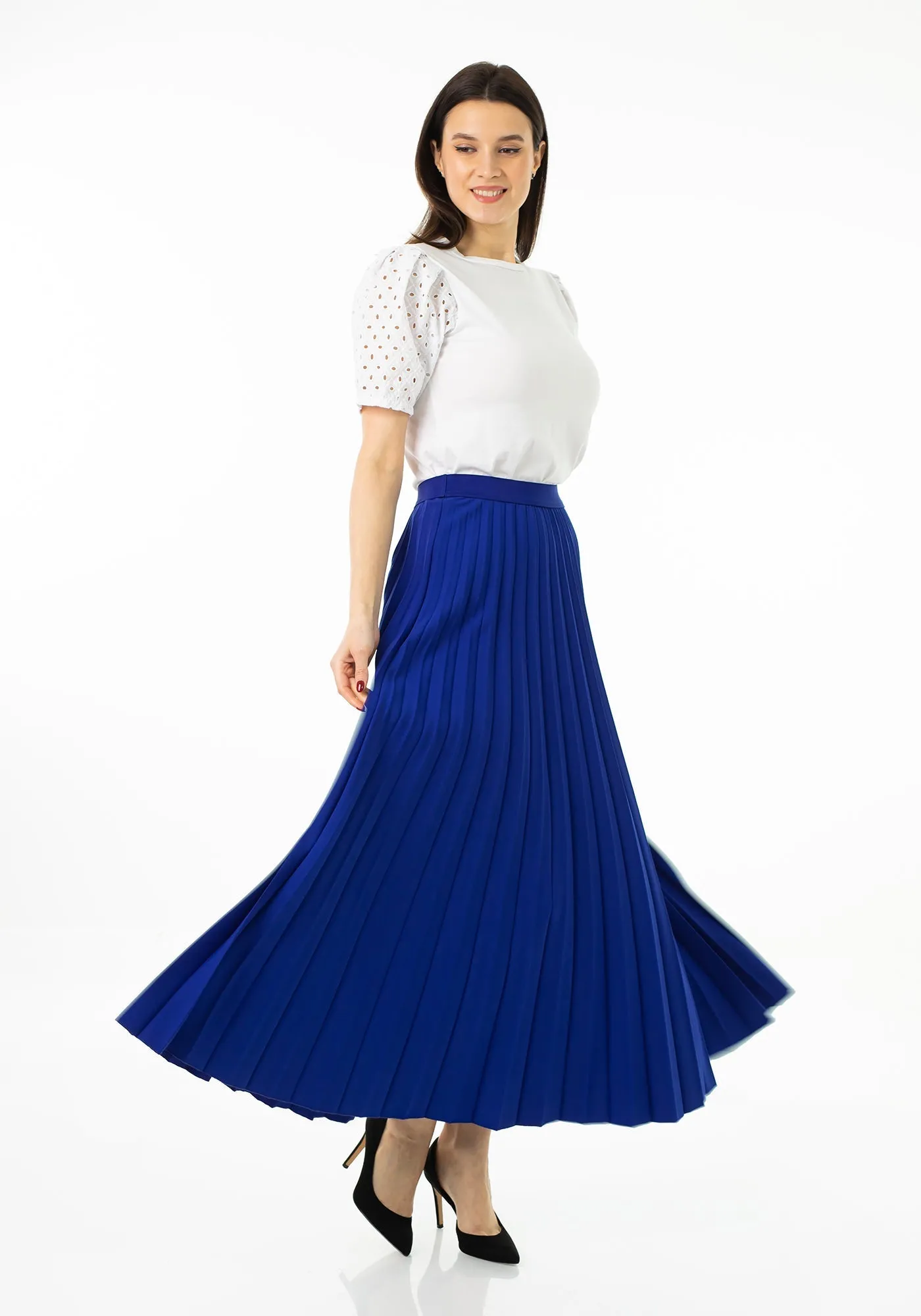 Pleated Ankle Length Skirt - Maxi Skirt Elastic Waist Band