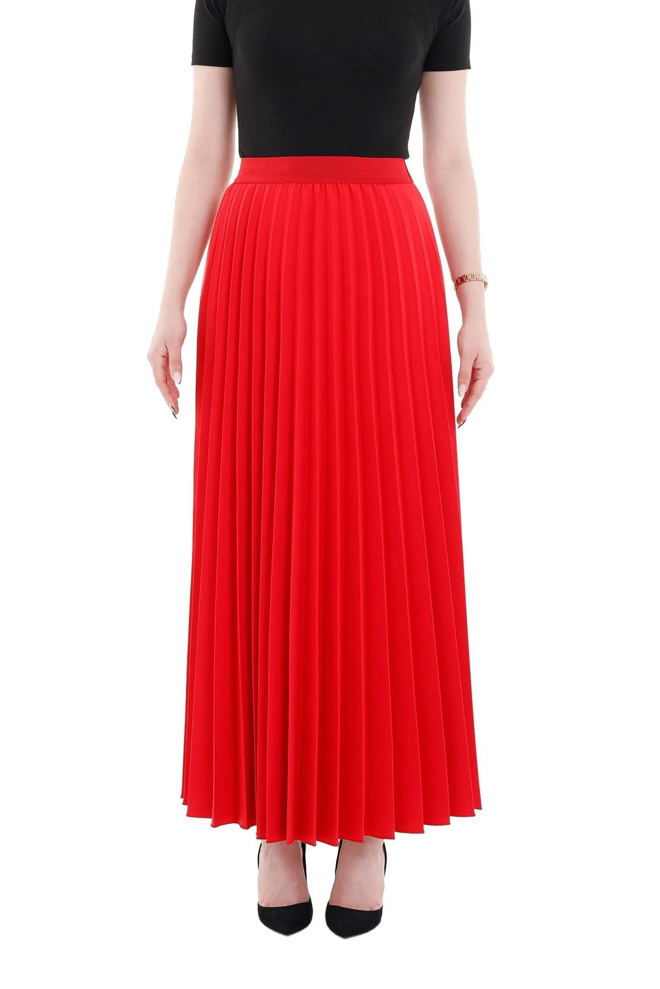 Pleated Ankle Length Skirt - Maxi Skirt Elastic Waist Band