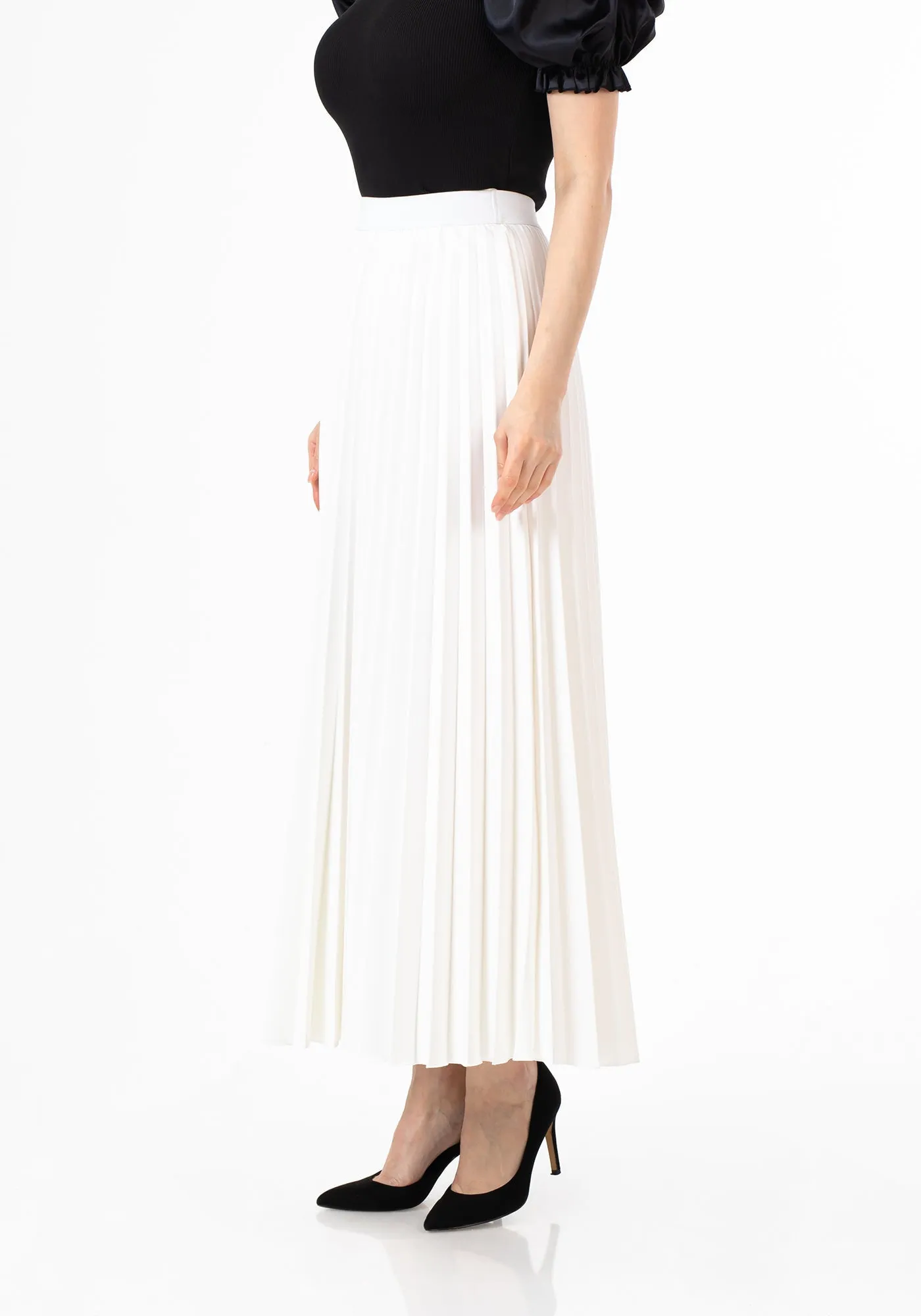 Pleated Ankle Length Skirt - Maxi Skirt Elastic Waist Band