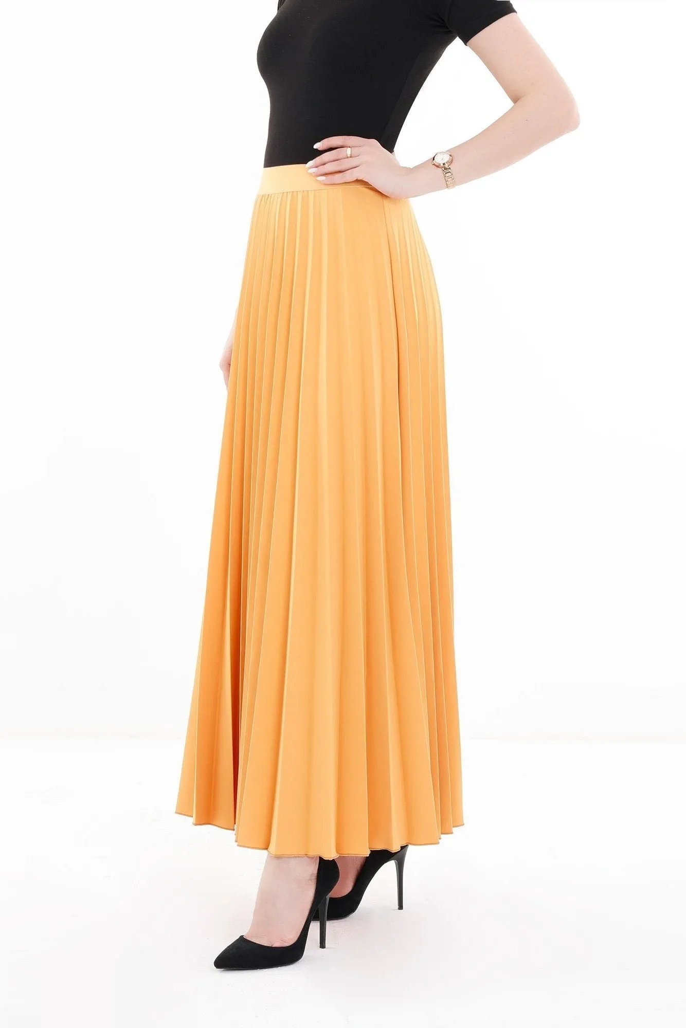 Pleated Ankle Length Skirt - Maxi Skirt Elastic Waist Band