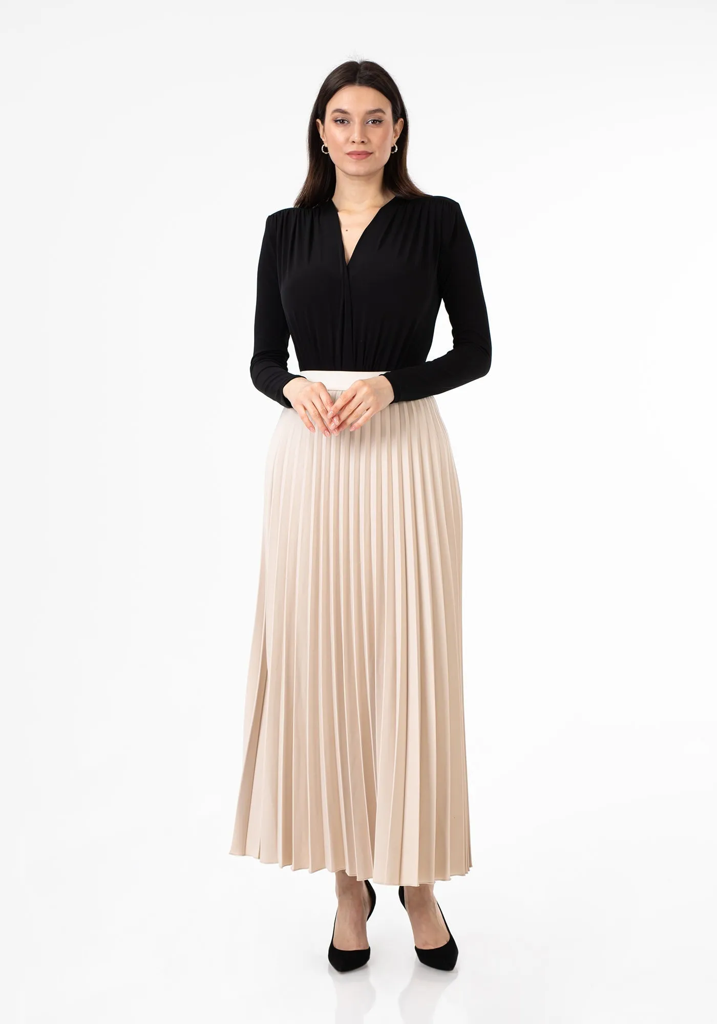 Pleated Ankle Length Skirt - Maxi Skirt Elastic Waist Band