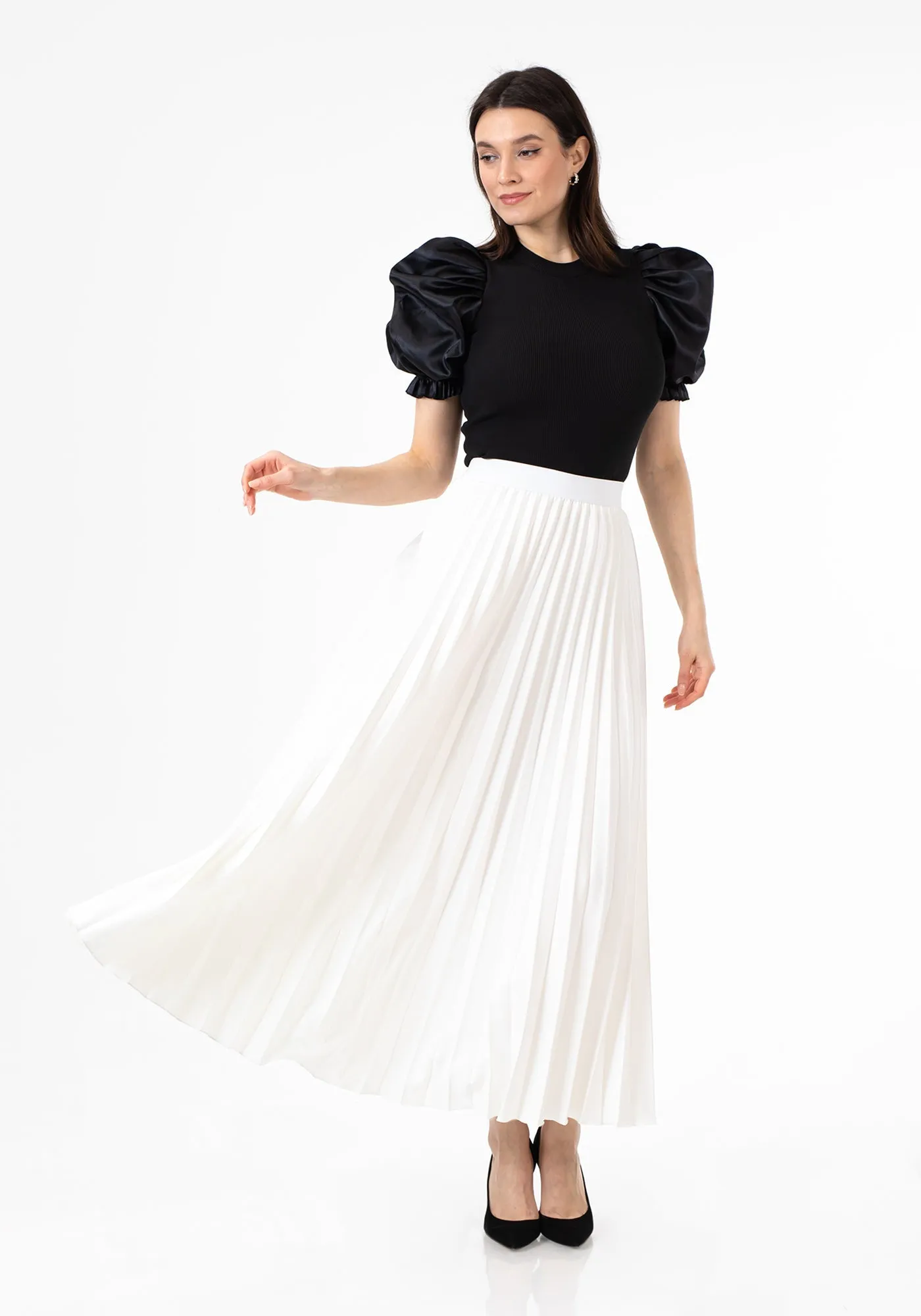 Pleated Ankle Length Skirt - Maxi Skirt Elastic Waist Band