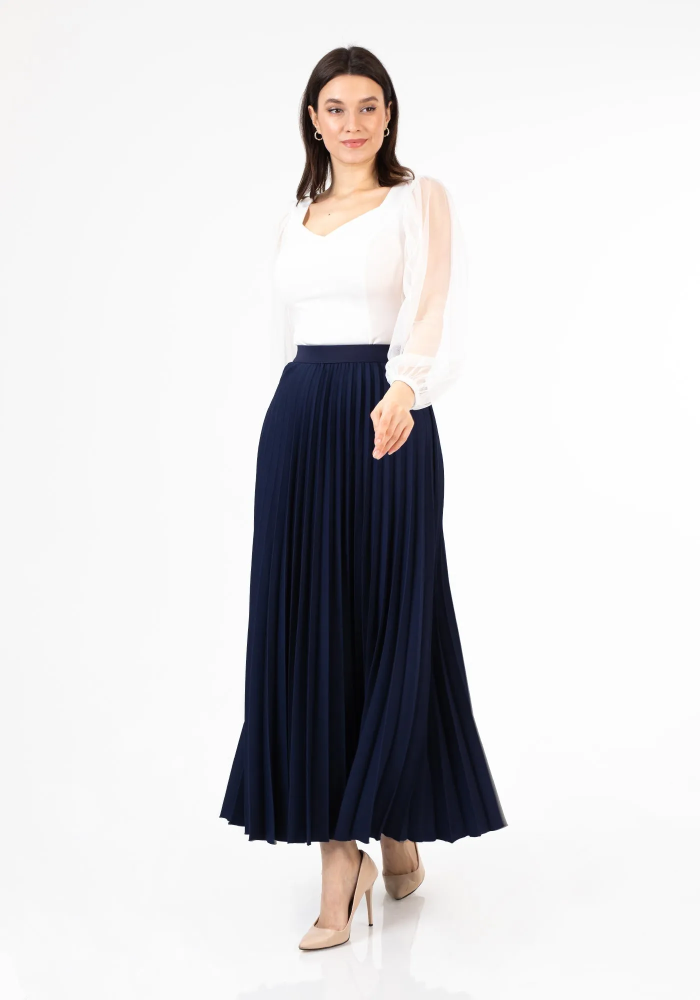 Pleated Ankle Length Skirt - Maxi Skirt Elastic Waist Band