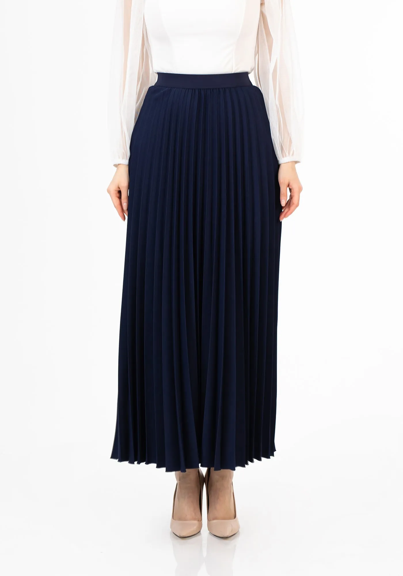 Pleated Ankle Length Skirt - Maxi Skirt Elastic Waist Band