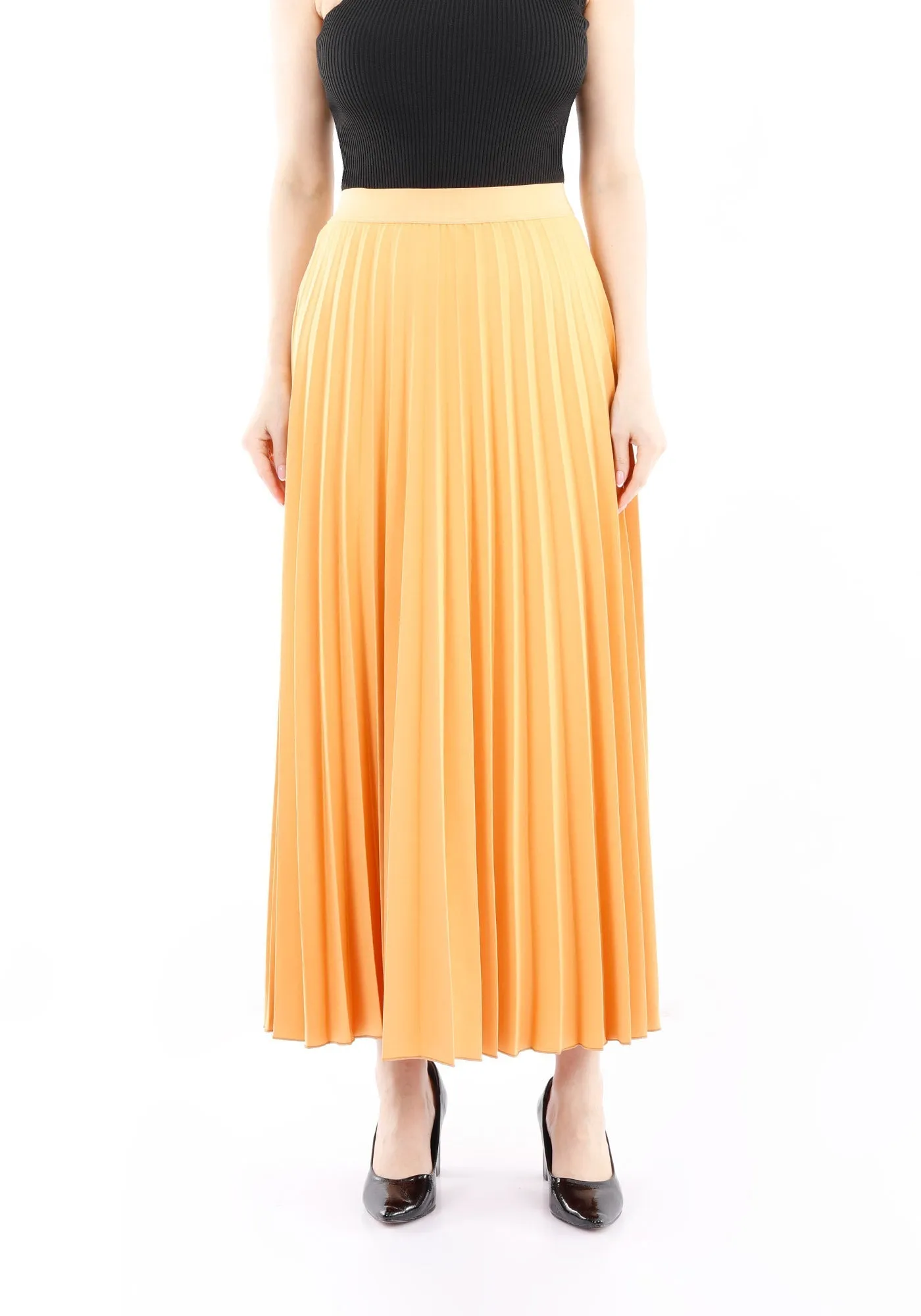 Pleated Ankle Length Skirt - Maxi Skirt Elastic Waist Band